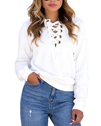 FUDITAI Women's Sexy Lace up Front Solid Pullover Hoodies(White)XXL