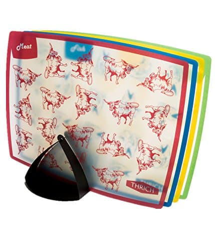 Thrich Index Plastic Cutting Boards with holder stand, Fully Silicone Finished Non-Slip Backside, Non-Stain, Non-Porous, BPA Free, Multicolor, Set of 4 (Multi Graphic Patterned)