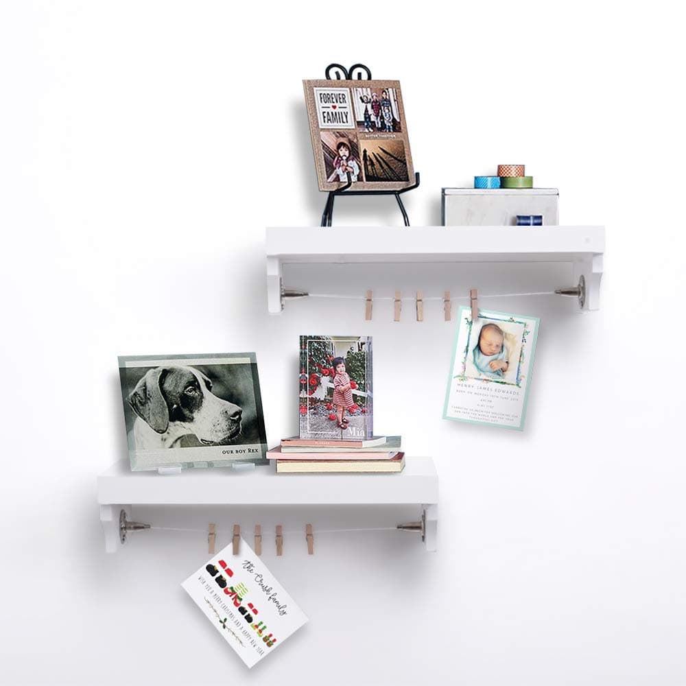 AHDECOR Wall Mounted Floating Shelves, White Wooden Wall Ledge and Shelf with Photo Cards Clips for Home Decor, 15 X 5.9 X 3.7 Inch, 2-Pack