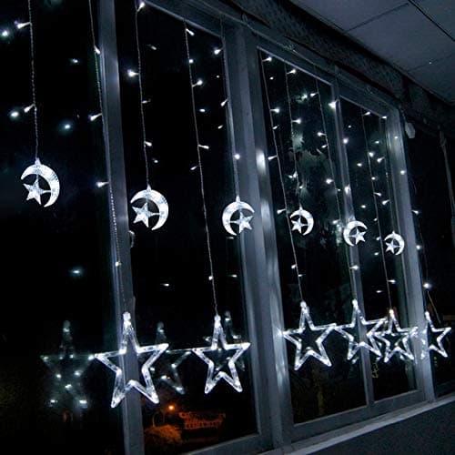 Led Star Curtain Lights, Moon Star String Light 138 LEDs 250CM Length with 8 Modes Plug in Fairy Lights Christmas Window Curtains Light for Party,Wedding,Holiday, Home Decoration (White)