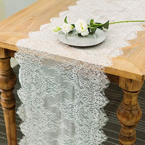 ARKSU 10 Packs White Lace Table Runner 18x120 Inch for Rustic Wedding/Thanksgiving/Baby & Bridal Shower Party Decor