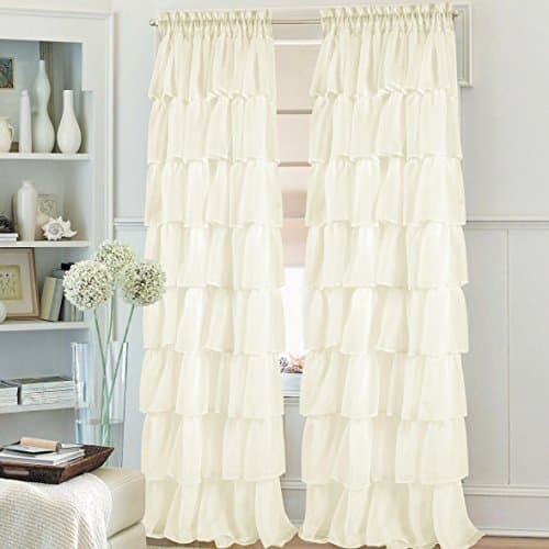 2pcs Gypsy Ruffled Full Stitched Curtain Panel Drape Window Treatment or Shower Curtain(only 1 curtain for shower) in 22 Colors & 4 Different Sizes (63", Ivory)