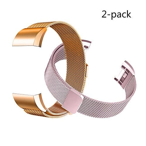 Fitbit Charge 2 Bands (2-Pack), Tecson Stainless Steel Milanese Loop Replacement Bracelet Strap with Unique Magnet Lock for Fitbit Charge 2,Rose Gold, Rose Pink, Silver (Rose & Rose Pink)