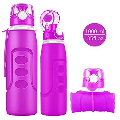JUNYI Sport Water Bottle, Non-toxic Silicone Edible Material Drinking Water Bottle Collapsible water bottle Outdoor Sports Water Bottle 1000ML 34 Ounces(Purple)