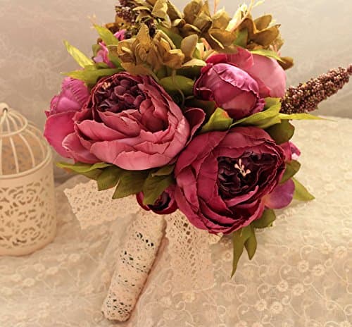 USIX Handmade Natural Looking Mixed Artificial Peony Classic Picture-Perfect Wedding Bouquet Bridal Holding Bouquet Bridesmaid Bouquet Throw Bouquet Wedding Flower Arrangements Dia 9" (Color B)