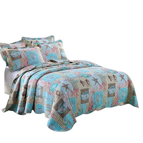XUKEJU Beach Theme 3-Piece Quilt Set Queen 100% Cotton in Seashell Pattern Quilted Bedspread Set, Lightweight&Reversible-Full/Queen(86"x96")