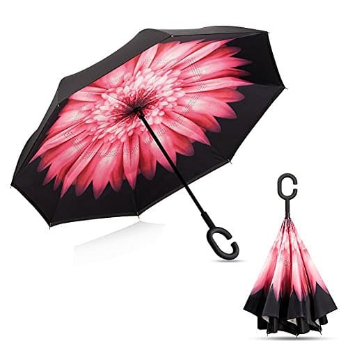 Lepapillon Creative Travel Car Reverse Umbrella Waterproof Folding C-Hook Handle Double Layer Inverted Umbrella (Pink Daisy)