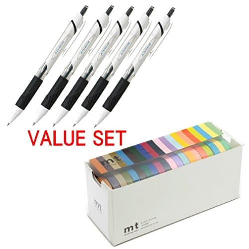 Uni-ball Jetstream Extra Fine Point Retractable Roller Ball Pens,-rubber Grip Type -0.5mm-black Ink-value Set of 5 + MT Washi Masking Tapes, Set of 20, Bright & Cool Colors (MT20P002)