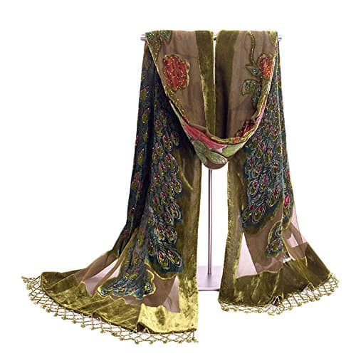 COCONEEN Peacock Embroidered Beads Long Scarf Shawls