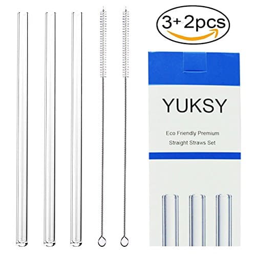 3+2 pcs Glass Straws Clear Straight 9" x 10 mm - Perfect Reusable Straw for Smoothies, Tea, Juice, Water, Milkshake, Essential Oils - With 2 pcs Cleaning Brushes by YUKSY