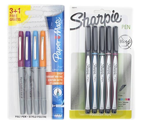 Paper Mate Flair Ultra Fine Tip Felt Tip Pens Non Smear Pack of 4, Sharpie Fine Point Pen Assorted Colors Pack of 5 Bundle