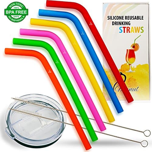 Manul Reusable Silicone Drinking Straws – Best Protection for Teeth, for Smoothies&Shakes – BPS&BPA Free, For Kids&Adults - Includes 2 Cleaning Brushes&Lid for 30 oz Tumbler, Multicolor Set of 6
