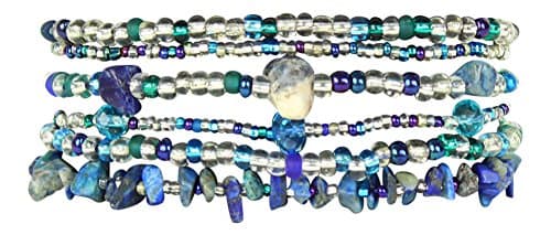 Funky 6 Strand Beaded Bracelet with Double Magnetic Clasp, Handmade in Guatemala (Blue and Crystal)