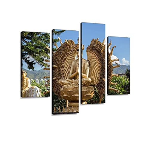 Thousand Hands Buddha Statue at The Ten Thousand Buddhas Monastery Canvas Wall Art Hanging Paintings Modern Artwork Abstract Picture Prints Home Decoration Gift Unique Designed Framed 4 Panel