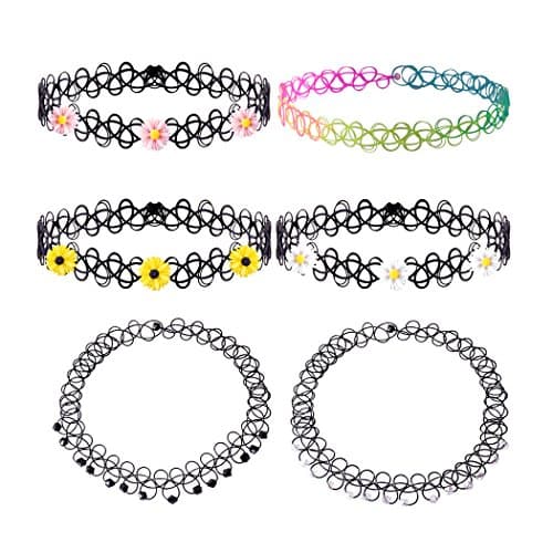 NAWAY 1-6PCS Stretch Plastic Rainbow White Black Yellow Pink Flowers Beaded Gothic Tattoo Punk Henna Choker Necklaces for Women Teen Girls Party Holiday Daily Dressing (6 pcs)