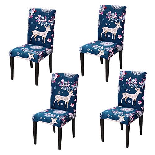 Dining Chair Covers Stretch Removable Washable Short Dining Chair Protector Cover Seat Slipcover for Hotel Dining Room Ceremony Banquet Wedding Party, 4 Per Set (Christmas Deer)