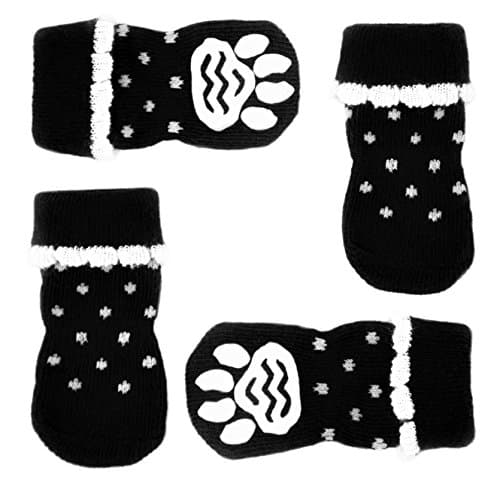 Posch Pet Socks for Small and Medium Breed Dogs. Anti-Slip Knit Socks with Traction Soles for Indoor Wear. Slip On Paw Protectors. Size S, Black/White Polka Dot