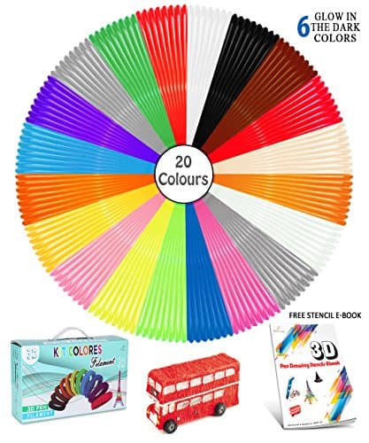 Rocket Eco PLA Filament Refills, 3D pen refills, Printer Filament PLA 1.75 mm (20 Beautiful Colors, 6 Glow in The Dark), 16 Feet each Colour, Total 320 Feet, Free Stencil eBook