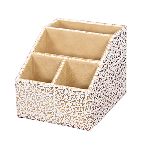 Fifriver Remote Control Organizer Caddy - PU Leather Pen Pencil Holder - Home School Office Desk Supplies Box - Accessories Storage Container (GoldW)