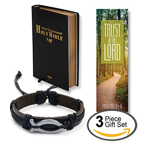 Confirmation Gift for Boys (Three Piece Gift Box Set) with Pocket New Testament Red-Letter Bible, Leather Braided Bracelet & Bookmark