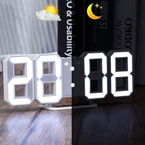 PTICA Digital Large 3D Alarm Clock White LED Display Digital Numbers Wall Clock With 3 Levels Brightness Alarm Snooze Clock