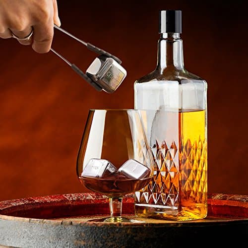 Stainless Steel Reusable Ice Cubes - 8 Pack Engraved Stones - Cooling Rocks Perfect for Chilling Beverages, Whiskey, Wine or Vodka - No Dilution - Improves Taste - Tongs and Plastic Tray Included