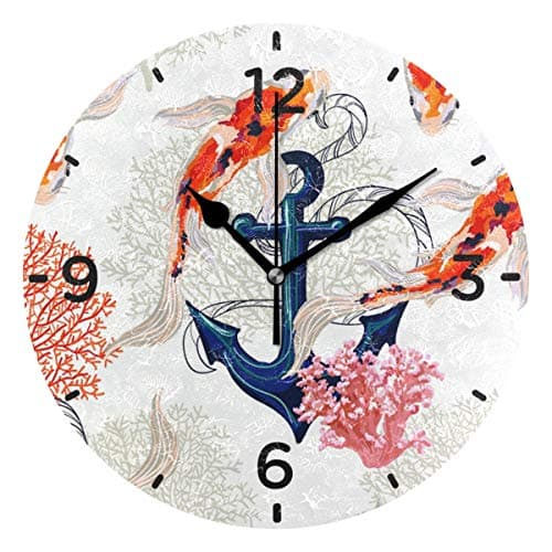 SENNSEE Carp Fish with Anchor Wall Clock Acrylic Decorative Round Clock Art for Home Decor Living Room Bedroom
