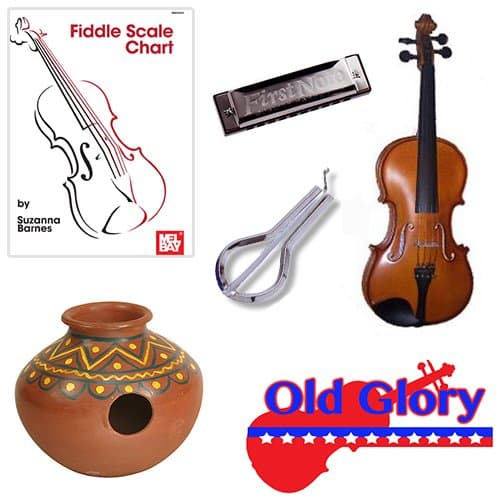 Old Glory Fiddle Deluxe Pack - 1/4 Fiddle, Fiddle Scale Chart, Harmonica, Jaw Harp & Jug Drum