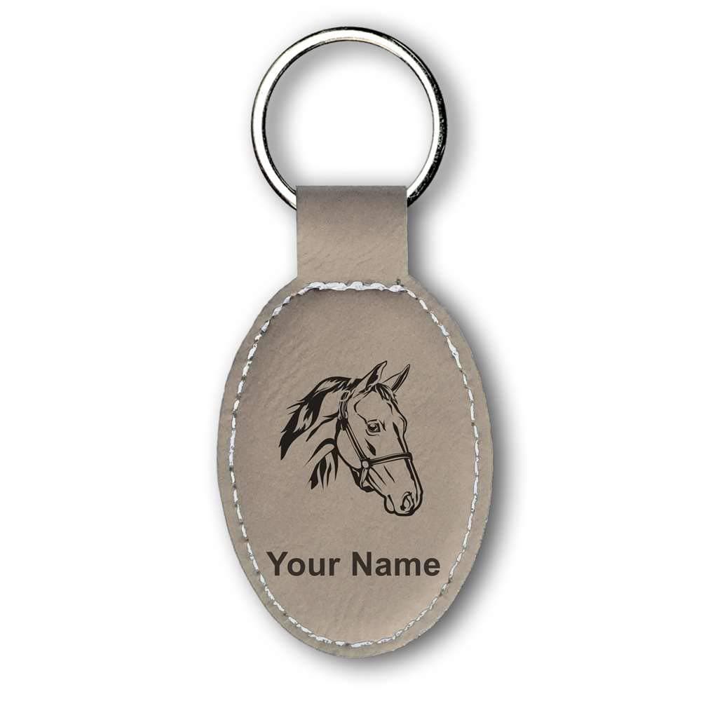 Oval Keychain, Horse Head 2, Personalized Engraving Included (Light Brown)