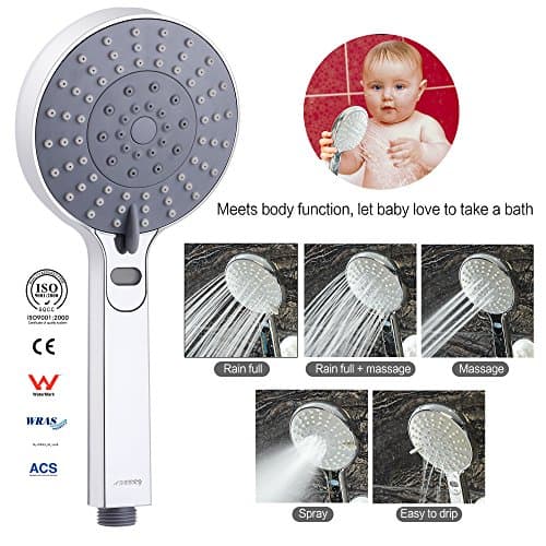 LED Thermometer Handheld Shower Head, Ahbbry Chrome 5 Setting Functions Shower Head, Water Powered Light to Display Flow and Temperature, Special for Skin Health, Child and Pet Shower,Shower Accessory