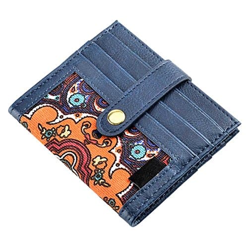 Bifold Mini Wallet Case for Women or Men, Leather with Canvas Credit Card Holder,Slim Design Fits in Front Pocket, Holds 12 Cards