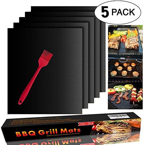 TOPAIS Grill Mat Non-stick BBQ Grill & Baking Mats with a Silicone Brush (Red Color ) - FDA-Approved, PFOA Free, Works on Gas, Charcoal, Electric Grill, - 13 X 15.75 Inches (5 pack with a brush)