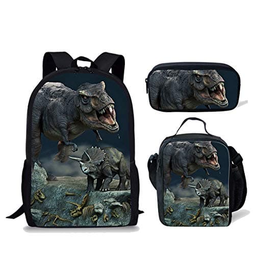 DeePrint 3 Piece Dinosaur Children School Backpack Set with Lunch Bags Pencil Case