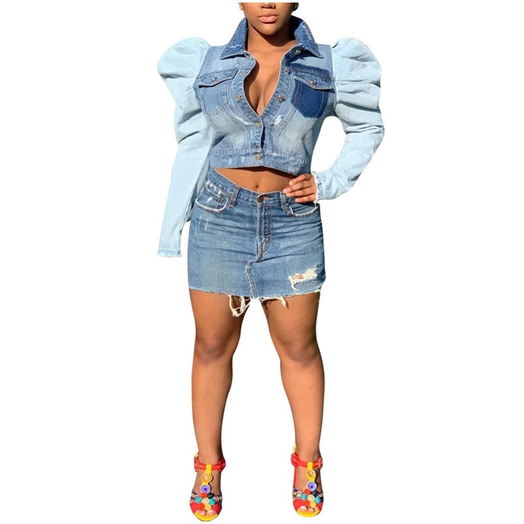 Women's Casual Puff Sleeve Denim Short Solid Color Long Sleeve Top Jacket