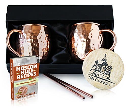 Moscow Mule Mugs - Handcrafted 100% Pure Solid Copper Hammered Finish 16 Oz Classic Mug - Premium Quality Gift Box Set of Two Cups with Bonus Coasters Copper Straws & FREE Recipe eBook - MM Cocktails