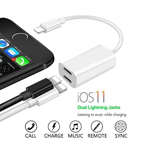 iPhone 7 & iPhone 8 Lightning Splitter, Dual Port Charging and Headphone Adapter,2 in 1 Charge and Audio Listen to Music at the Same Time, Support iOS 11.2 and before
