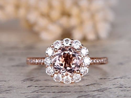 7mm Round Cut 1.2ctw VS Natural Pink Morganite Solid 14k Rose Gold Charles & Colvard Moissanite Halo Floral Antique Design Art Deco Engagement Ring Bridal Proposal Diamond Wedding Band Size 4-9