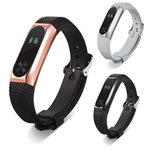 Silicone Stripe Replacement Band, Hosamtel Adjustable Smart Watch Wristband With Mental Case For Xiaomi Mi Band 2 Smart Bracelet P31 (Black)