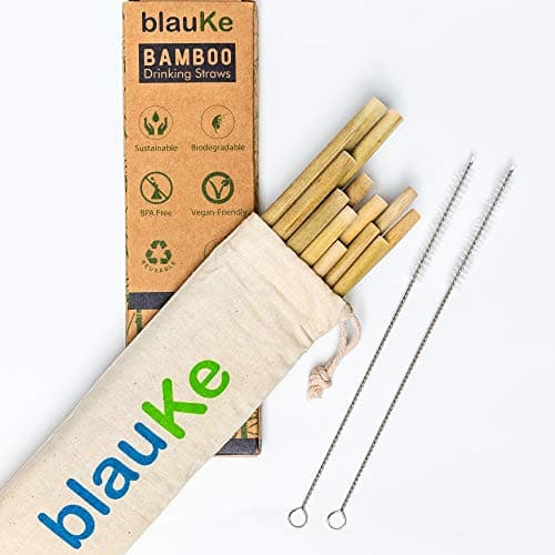 Bamboo Straws with 2 Cleaning Brushes and Pouch - Pack of 12 Biodegradable Reusable Bamboo Straws - Eco-Friendly Alternative for Plastic Straws - Organic Wooden Straws - Bamboo Drinking Straws 8.5Inch