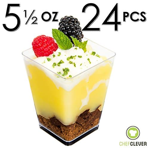 Chef Clever 24 Count Clear Plastic Square Dessert Cups with Recipe eBook, Large (5 oz. Mini Cube - No Spoons)