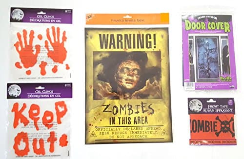 Zombie Bash Party Decorations Bundle - 5 Items: Door Cover, Fright Tape, Warning Sign, 2 Sets of Bloody Window Gel Clings