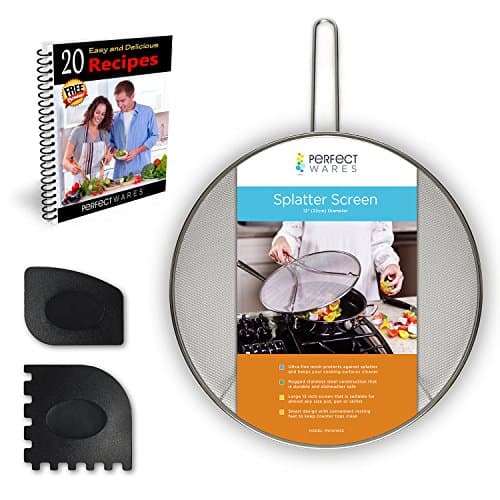 Splatter Screen Stainless Steel 13" Diameter - Fine Mesh to Prevent Grease and Hot Oil Splatter from Pots and Frying Pans - Heavy Duty Construction with Resting Feet - Includes Gift Pan Scrapers
