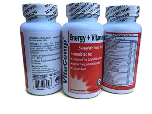 VitaComp Energy+Vitamins - Complete Multivitamin-Multimineral Complex with Energy Boost (contains Vitamins B, D, Calcium, Caffeine and other essentials) 60 vegetarian capsules.