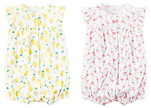 Carters Baby Girls 2 Pack Cotton Romper Creeper Set (6 Months, Yellow Lemon and Pink Flamingo)