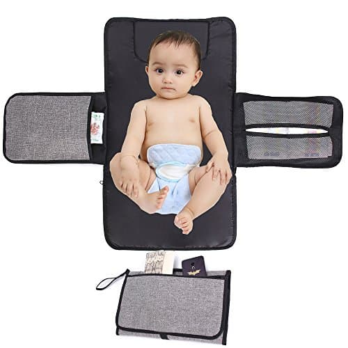 Delswin Baby Diaper Changing Pad with Head Cushion, Wipeable Waterproof Infant Portable Changing Station, Travel Changing Mat for Baby Care (Gray and Black)