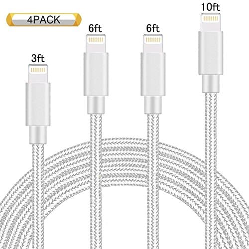 iPhone Lightning Cable charger cord MFi Certified to USB Charging & Syncing charger cord Nylon Braided for 【4Pack 3FT 6FT 6FT 10FT】 (Silver&White)