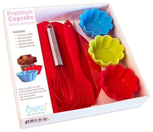 OvalPop Premium Silicone Cupcake Baking Set with Nonstick Cupcake Liners, Our Silicone Bakeware is Easy Cleanup, Includes 6 Cupcake Molds, Whisk, Brush, Spatula & Hot Pad, 10 Piece