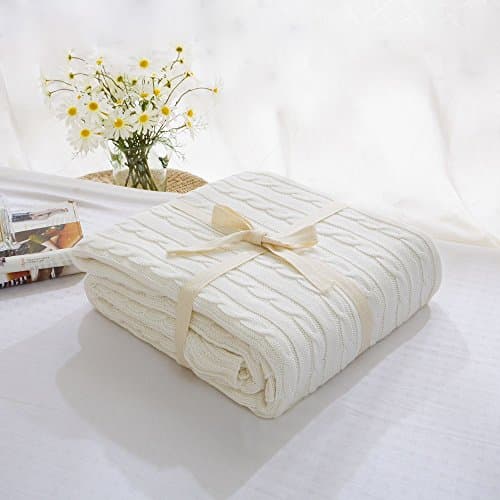 Blanket Handmade Crocheted Cotton Cable Knitting Super Soft Warm Sleeping Cover Blanket Rug for Kids or Adults Bedroom Quilt Living Room Office Sofa-Megach (43.3170.87 inches white)