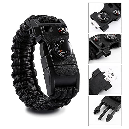 Paracord Bracelets with Thermometer, Mini Multitool Card, Fire Starter, Whistle and Compass, a Perfect Tactical Survival Gear for Camping, Hiking, Fishing and More (Black)