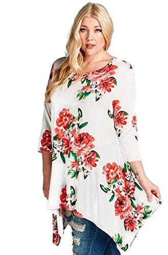 Oddi Women's Floral Print Swing Tunic Top Boho Chic Plus Size (2X, Ivory / Red)